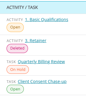 Activity / Task column with inline kind labels