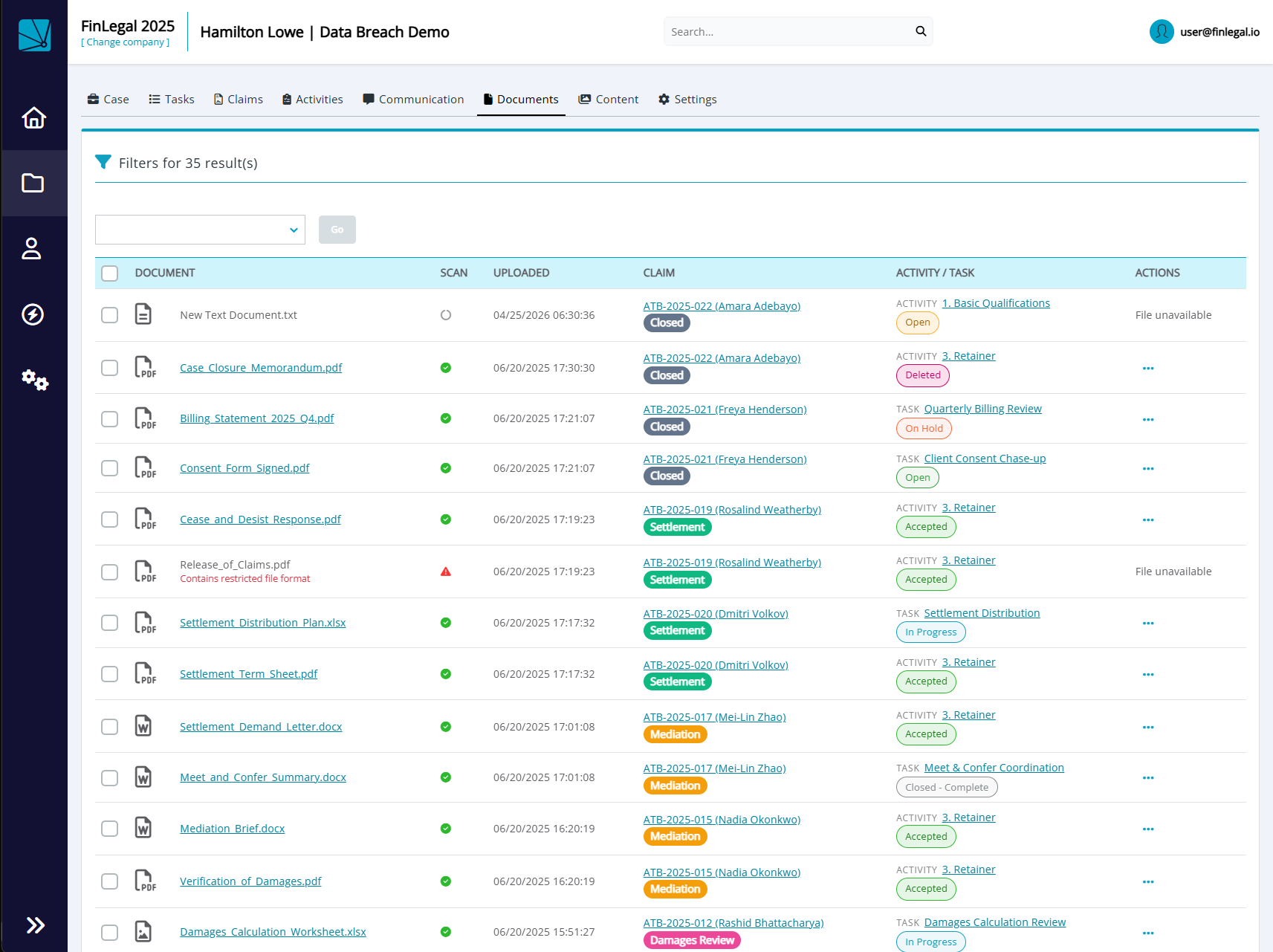 Documents tab — redesigned columns showing activity, claim and team task documents
