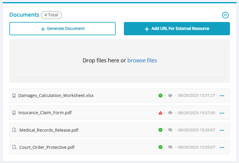 Virus scan icons on the documents panel