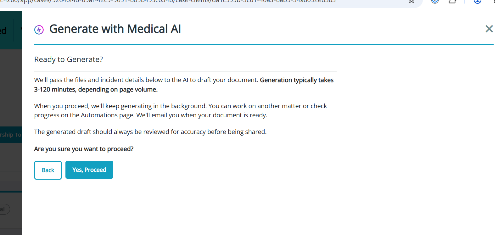 The 'Ready to generate?' confirmation step with 'Back' and 'Yes, proceed' buttons
