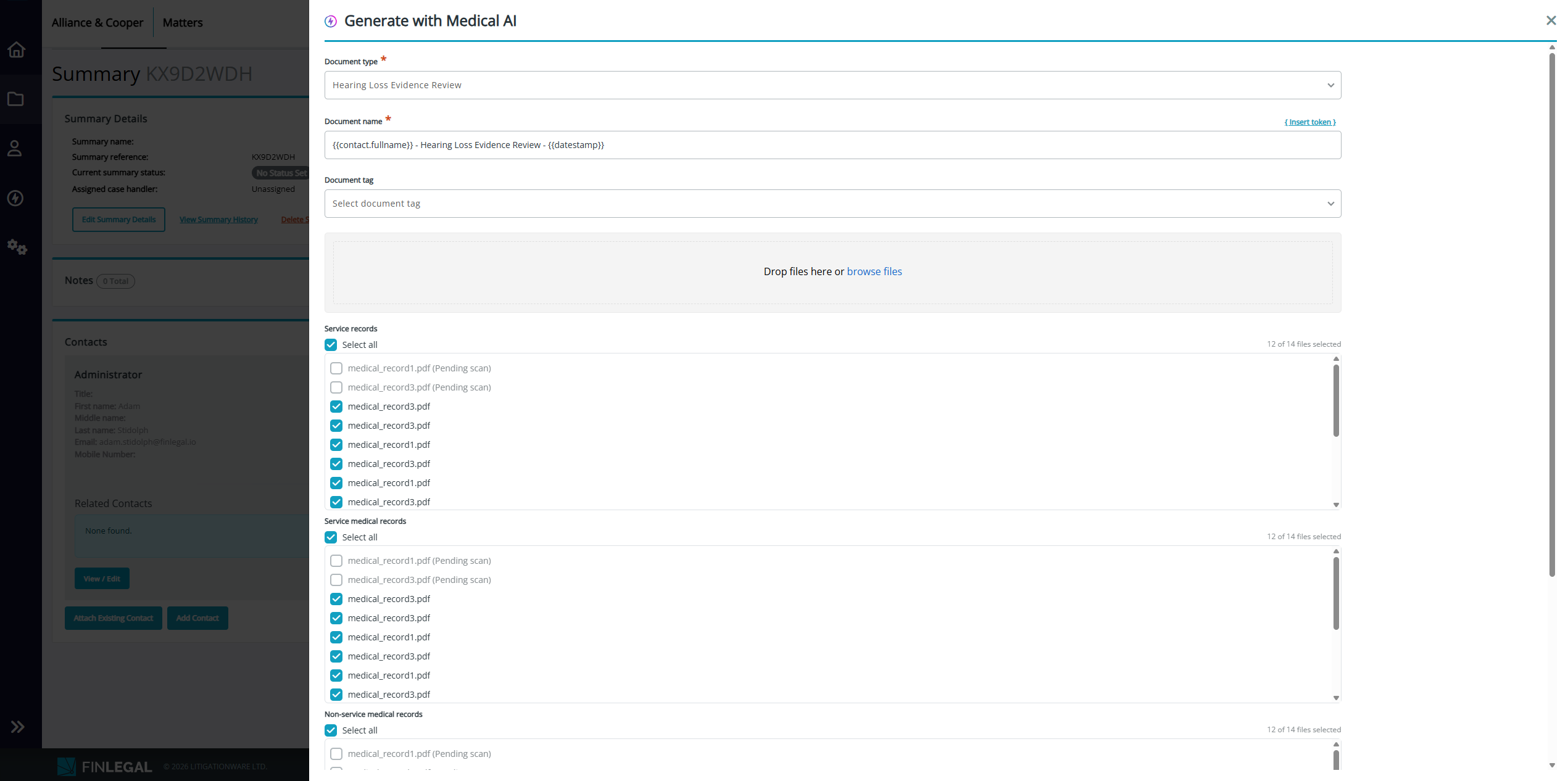 The 'Generate with Medical AI' off-canvas with an inline file upload dropzone above the document selection list