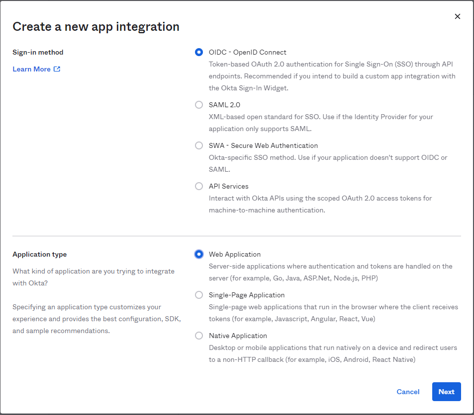 Create a new app integration Step 1