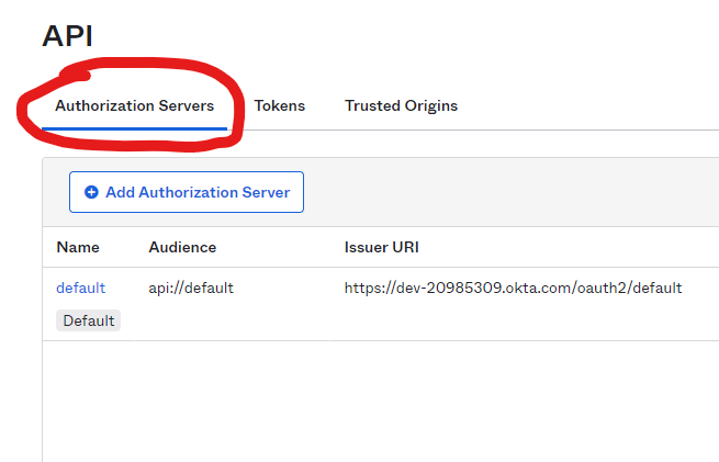 API setting page showing Authorization Servers page